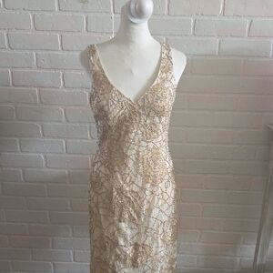 Sue Wong Beaded Strapless Illusion Gown in Champagne Gold